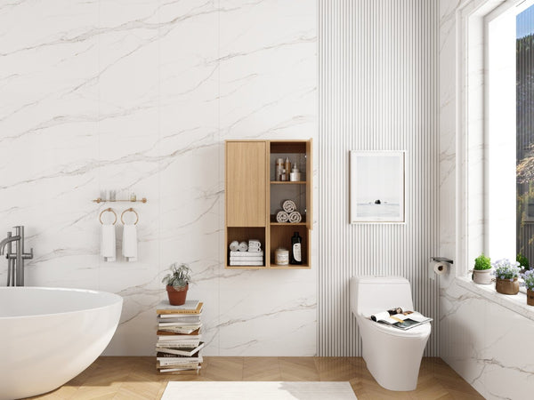 English Elm 24 Inch Oak Wall Mounted Cabinet Soft Close Doors Engineered Wood Bathroom Storage W1972S00027