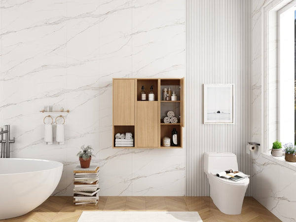 English Elm 36 Inch Wall Mounted Bathroom Cabinet Engineered Wood Soft Close Three Door Storage Oak Side Cabinet W1972S00028