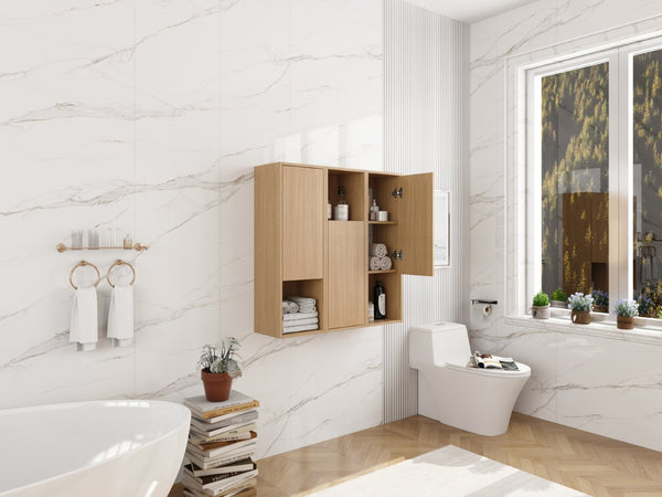 English Elm 36 Inch Wall Mounted Bathroom Cabinet Engineered Wood Soft Close Three Door Storage Oak Side Cabinet W1972S00028