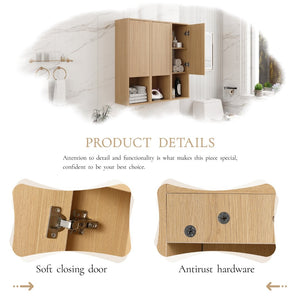 English Elm 36 Inch Wall Mounted Bathroom Cabinet Engineered Wood Soft Close Three Door Storage Oak Side Cabinet W1972S00028