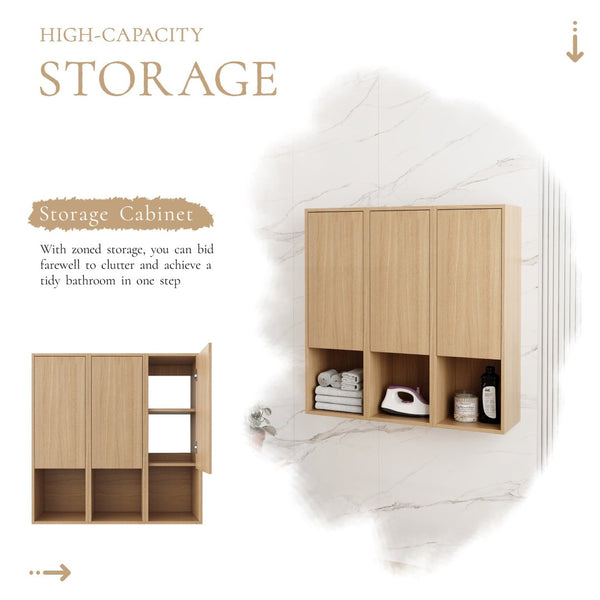 English Elm 36 Inch Wall Mounted Bathroom Cabinet Engineered Wood Soft Close Three Door Storage Oak Side Cabinet W1972S00028