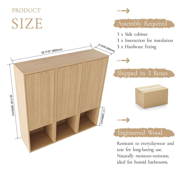English Elm 36 Inch Wall Mounted Bathroom Cabinet Engineered Wood Soft Close Three Door Storage Oak Side Cabinet W1972S00028