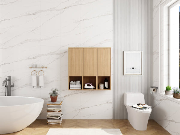 English Elm 36 Inch Wall Mounted Bathroom Cabinet Engineered Wood Soft Close Three Door Storage Oak Side Cabinet W1972S00028