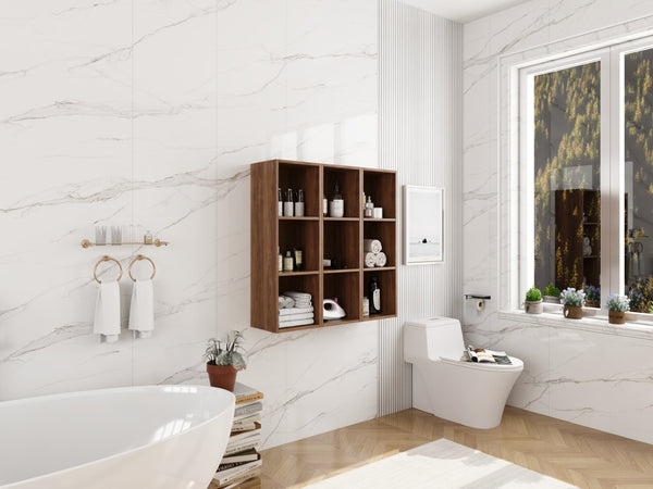English Elm 36 Inch Wall Mounted Bathroom Cabinet Engineered Wood Soft Close Three Door Storage Brown Ebony Storage Shelves Combination W1972S00030