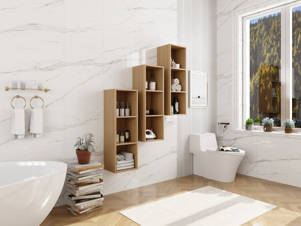 English Elm 36 Inch Wall Mounted Bathroom Cabinet Engineered Wood Soft Close Three Door Storage Oak Storage Shelves Combination W1972S00032