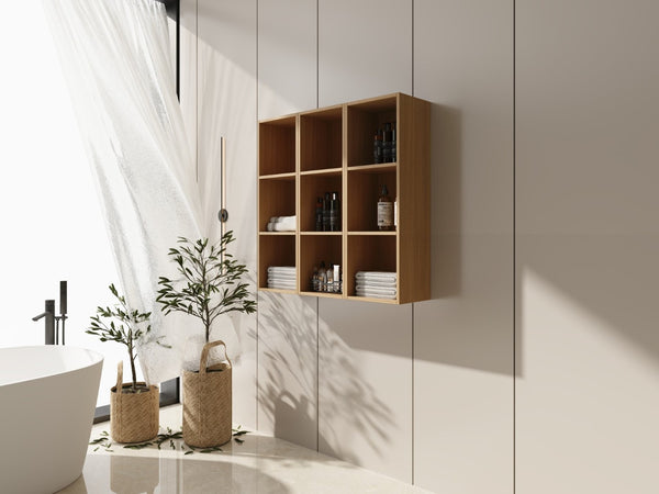 English Elm 36 Inch Wall Mounted Bathroom Cabinet Engineered Wood Soft Close Three Door Storage Oak Storage Shelves Combination W1972S00032