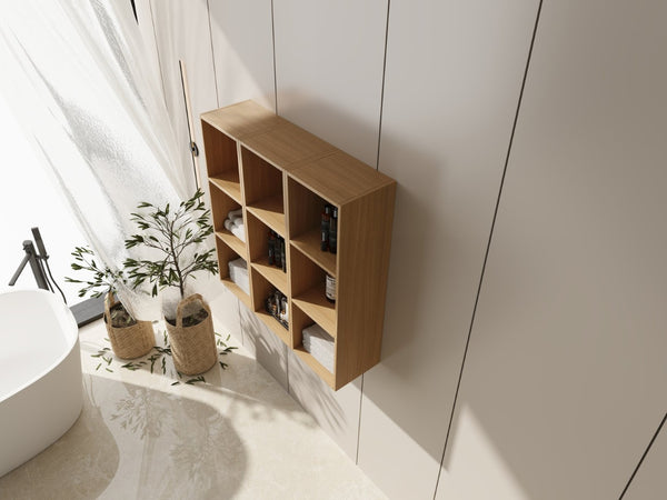 English Elm 36 Inch Wall Mounted Bathroom Cabinet Engineered Wood Soft Close Three Door Storage Oak Storage Shelves Combination W1972S00032
