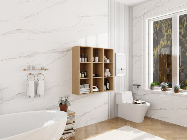 English Elm 36 Inch Wall Mounted Bathroom Cabinet Engineered Wood Soft Close Three Door Storage Oak Storage Shelves Combination W1972S00032
