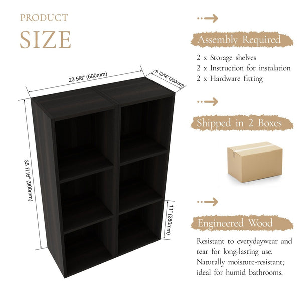 English Elm 24 Inch Three Tier Wall Mounted Shelving Unit Dark Oak Finish for Bathroom or Study W1972S00033