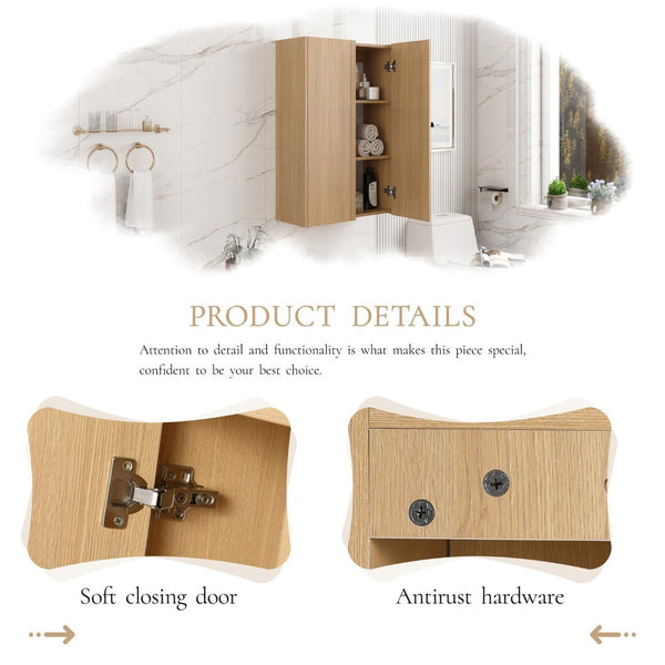 English Elm 24 Inch Wall Mounted Oak Finish Cabinet with Soft Close Door for Bathroom or Study W1972S00035