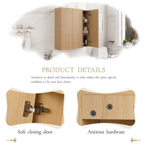 English Elm 36 Inch Wall Mounted Bathroom Cabinet Engineered Wood Soft Close Three Door Storage Oak Side Cabinet Combination W1972S00036