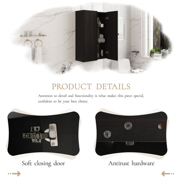 English Elm 24 Inch Dark Oak Wall Mounted Cabinet Soft Close Door Adjustable Shelves Bathroom Storage W1972S00037