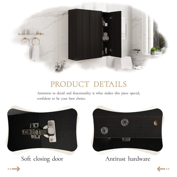 English Elm 36 Inch Wall Mounted Bathroom Cabinet Engineered Wood Soft Close Three Door Storage Dark Oak Side Cabinet Combination W1972S00038