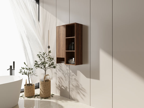 English Elm 24 Inch Wall Mounted Cabinet with Open Shelving Soft Close Door Brown Ebony Finish W1972S00039