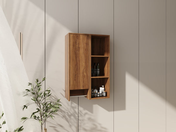 English Elm 24 Inch Wall Mounted Cabinet with Open Shelving Soft Close Door Brown Ebony Finish W1972S00039