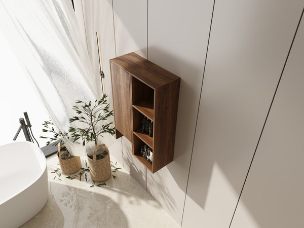 English Elm 24 Inch Wall Mounted Cabinet with Open Shelving Soft Close Door Brown Ebony Finish W1972S00039