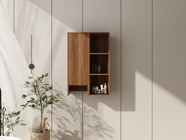 English Elm 24 Inch Wall Mounted Cabinet with Open Shelving Soft Close Door Brown Ebony Finish W1972S00039