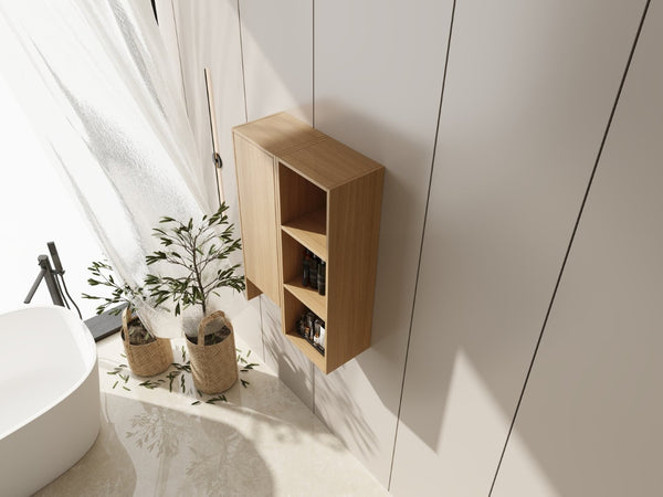 English Elm 24 Inch Oak Wall Cabinet with Open Shelves and Soft Close Door for Compact Spaces W1972S00040