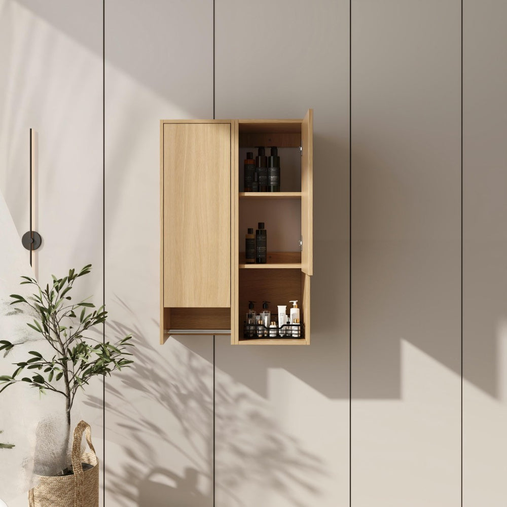 English Elm 24 Inch Wall Mounted Oak Bathroom Cabinet with Soft Close Door and Built in Towel Rack W1972S00041