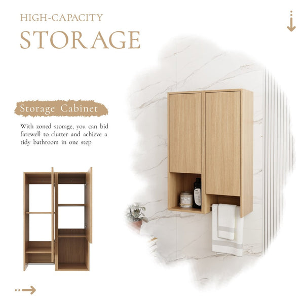 English Elm 24 Inch Wall Mounted Oak Bathroom Cabinet with Soft Close Door and Built in Towel Rack W1972S00041