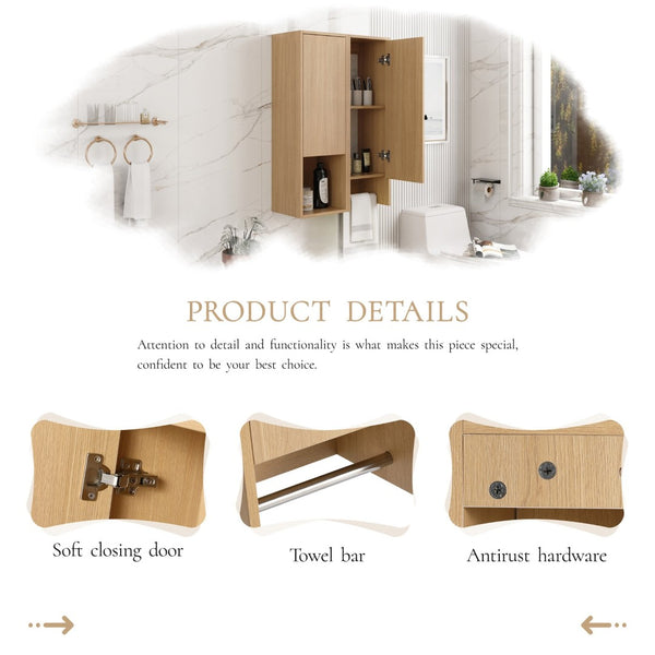 English Elm 24 Inch Wall Mounted Oak Bathroom Cabinet with Soft Close Door and Built in Towel Rack W1972S00041
