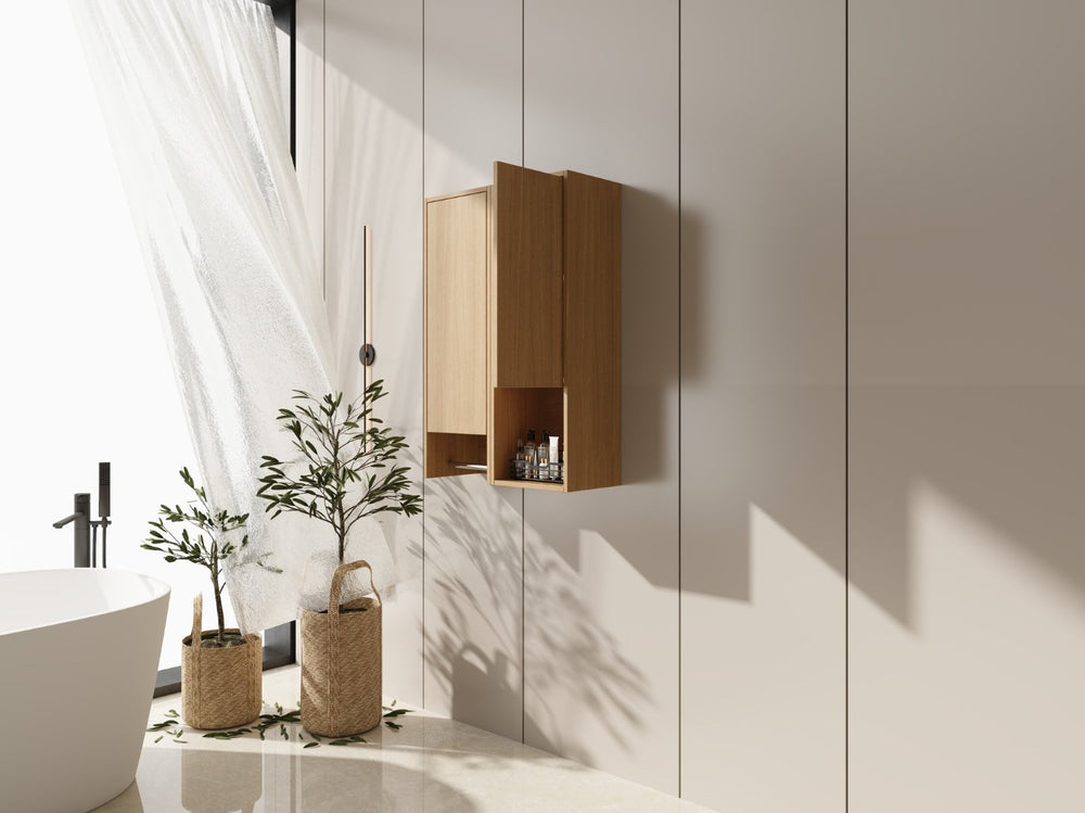 English Elm 24 Inch Wall Mounted Oak Bathroom Cabinet with Soft Close Door and Built in Towel Rack W1972S00041