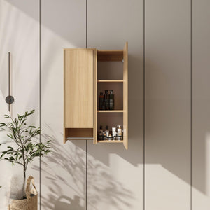 English Elm 24 Inch Floating Oak Wall Cabinet with Soft Close Doors Towel Bar and Interior Shelving W1972S00042