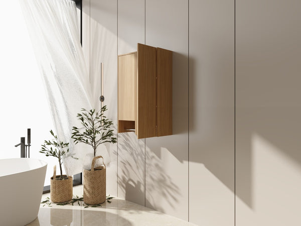 English Elm 24 Inch Floating Oak Wall Cabinet with Soft Close Doors Towel Bar and Interior Shelving W1972S00042