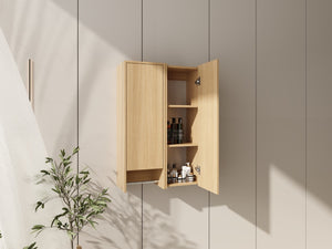 English Elm 24 Inch Floating Oak Wall Cabinet with Soft Close Doors Towel Bar and Interior Shelving W1972S00042