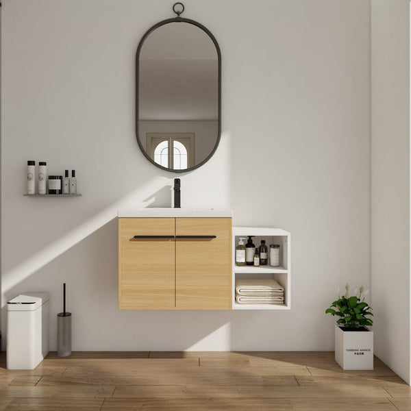 English Elm 36 Inch Floating Bathroom Vanity Wood Grain Resin Sink Soft Close Modern Storage W1972S00043