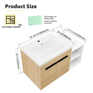 English Elm 36 Inch Floating Bathroom Vanity Wood Grain Resin Sink Soft Close Modern Storage W1972S00043