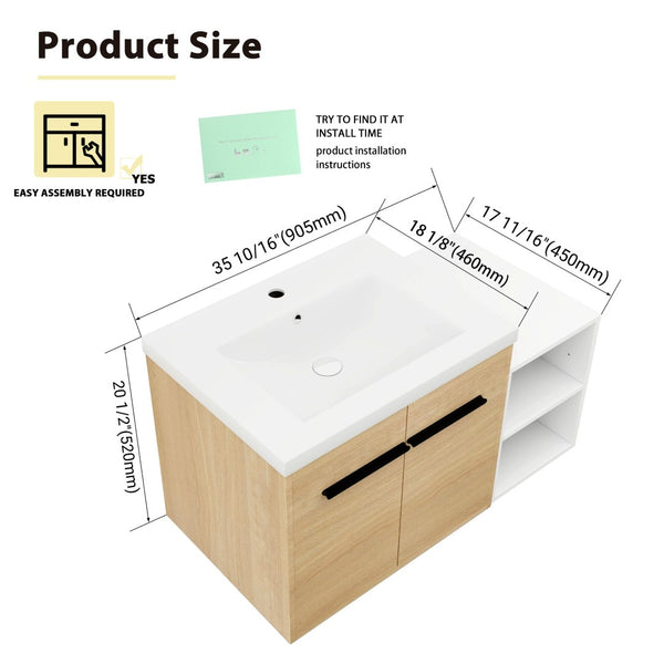 English Elm 36 Inch Floating Bathroom Vanity Wood Grain Resin Sink Soft Close Modern Storage W1972S00043
