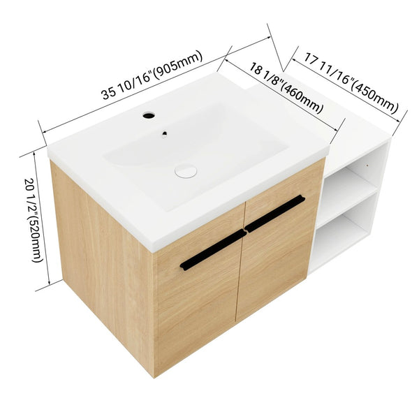 English Elm 36 Inch Floating Bathroom Vanity Wood Grain Resin Sink Soft Close Modern Storage W1972S00043