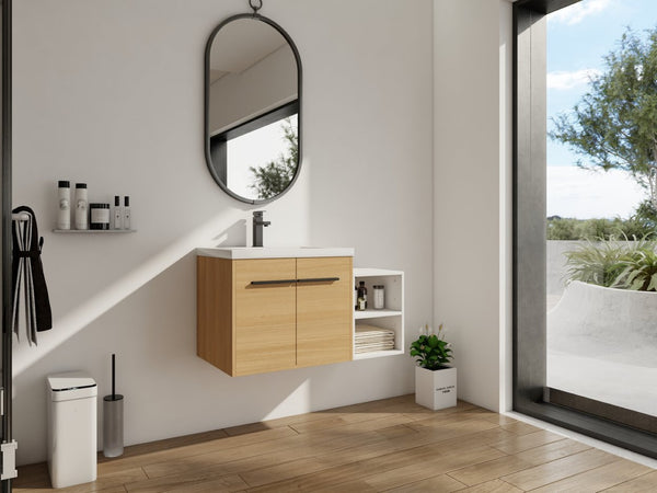 English Elm 36 Inch Floating Bathroom Vanity Wood Grain Resin Sink Soft Close Modern Storage W1972S00043