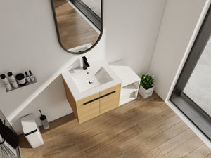 English Elm 36 Inch Floating Bathroom Vanity Wood Grain Resin Sink Soft Close Modern Storage W1972S00043
