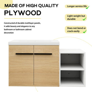 English Elm 36 Inch Floating Bathroom Vanity Wood Grain Resin Sink Soft Close Modern Storage W1972S00043