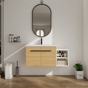 English Elm 42 Inch Wall Mounted Bathroom Vanity Wood Grain Resin Sink Soft Close Cabinet Glossy White/Oak W1972S00044