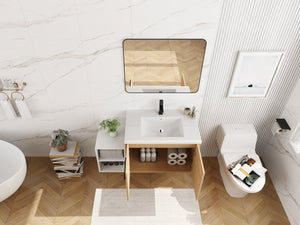 English Elm 42 Inch Wall Mounted Bathroom Vanity Wood Grain Resin Sink Soft Close Cabinet Glossy White/Oak W1972S00044