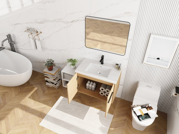 English Elm 42 Inch Wall Mounted Bathroom Vanity Wood Grain Resin Sink Soft Close Cabinet Glossy White/Oak W1972S00044