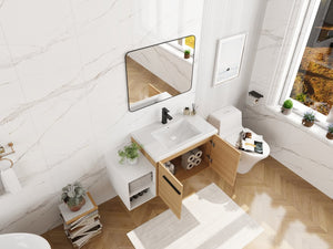 English Elm 42 Inch Wall Mounted Bathroom Vanity Wood Grain Resin Sink Soft Close Cabinet Glossy White/Oak W1972S00044