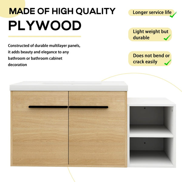 English Elm 42 Inch Wall Mounted Bathroom Vanity Wood Grain Resin Sink Soft Close Cabinet Glossy White/Oak W1972S00044