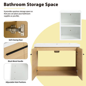 English Elm 42 Inch Wall Mounted Bathroom Vanity Wood Grain Resin Sink Soft Close Cabinet Glossy White/Oak W1972S00044