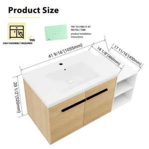 English Elm 42 Inch Wall Mounted Bathroom Vanity Wood Grain Resin Sink Soft Close Cabinet Glossy White/Oak W1972S00044