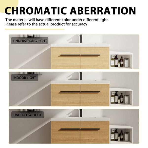 English Elm 42 Inch Wall Mounted Bathroom Vanity Wood Grain Resin Sink Soft Close Cabinet Glossy White/Oak W1972S00044