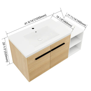 English Elm 42 Inch Wall Mounted Bathroom Vanity Wood Grain Resin Sink Soft Close Cabinet Glossy White/Oak W1972S00044