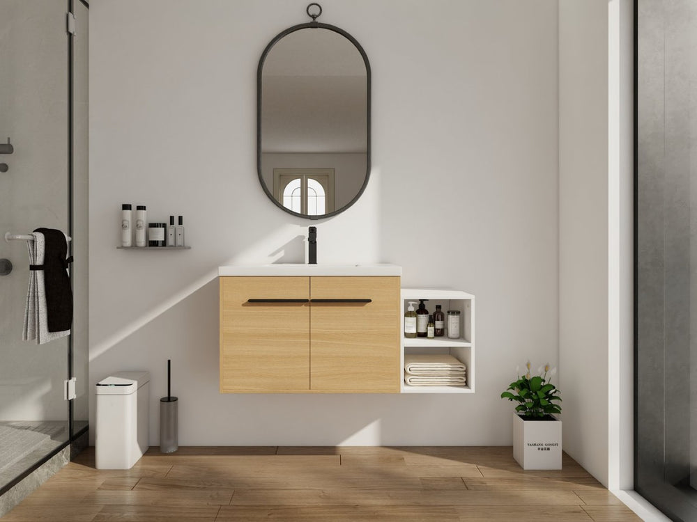 English Elm 42 Inch Wall Mounted Bathroom Vanity Wood Grain Resin Sink Soft Close Cabinet Glossy White/Oak W1972S00044