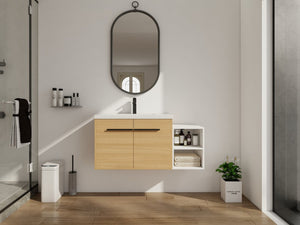 English Elm 42 Inch Wall Mounted Bathroom Vanity Wood Grain Resin Sink Soft Close Cabinet Glossy White/Oak W1972S00044