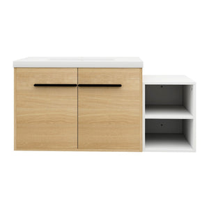 English Elm 42 Inch Wall Mounted Bathroom Vanity Wood Grain Resin Sink Soft Close Cabinet Glossy White/Oak W1972S00044