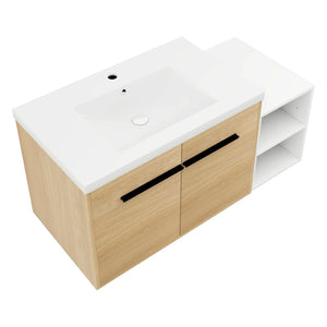 English Elm 42 Inch Wall Mounted Bathroom Vanity Wood Grain Resin Sink Soft Close Cabinet Glossy White/Oak W1972S00044