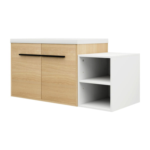 English Elm 42 Inch Wall Mounted Bathroom Vanity Wood Grain Resin Sink Soft Close Cabinet Glossy White/Oak W1972S00044